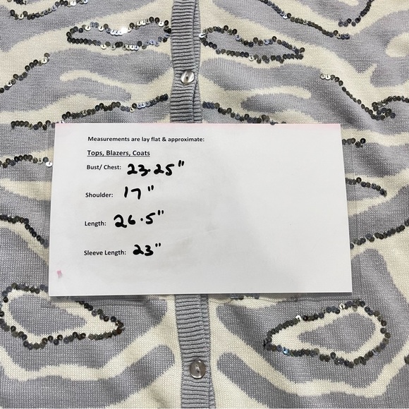 Diane Gilman Silk Cotton Sequin Cardigan Sweater Gray White Zebra Print Size L - Picture 10 of 12